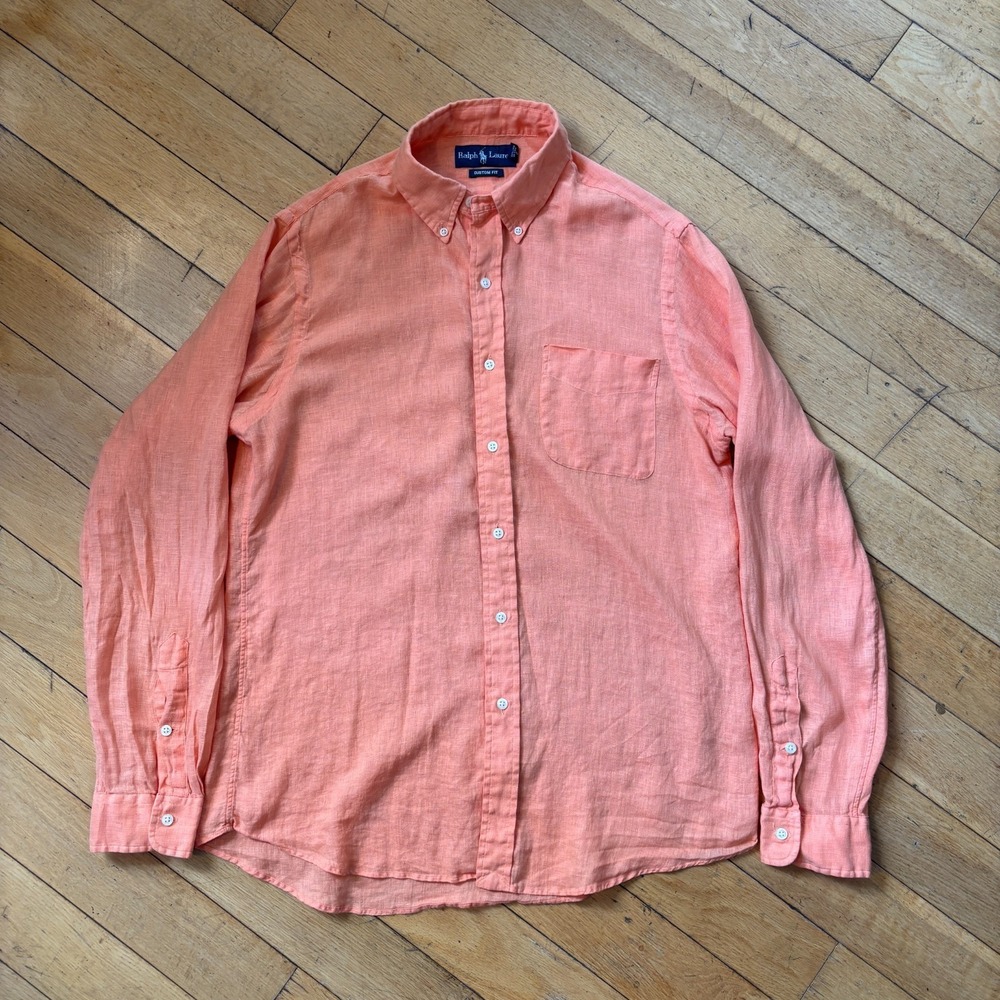 Ralph Lauren Custom Fit Linen Shirt Mens M Peach Salmon Long Sleeve Button